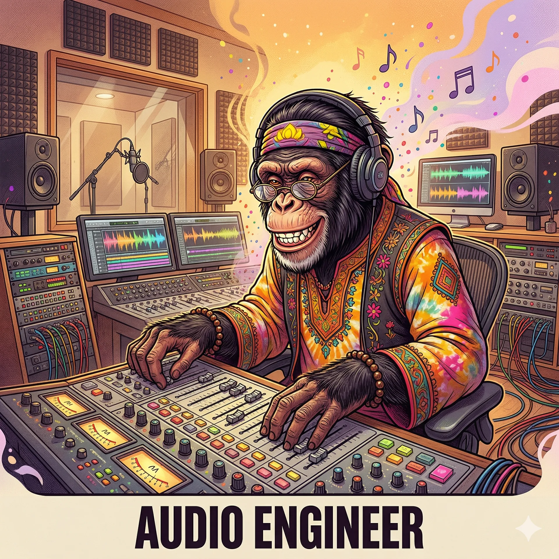 Chimpanzee at mixing console in recording studio