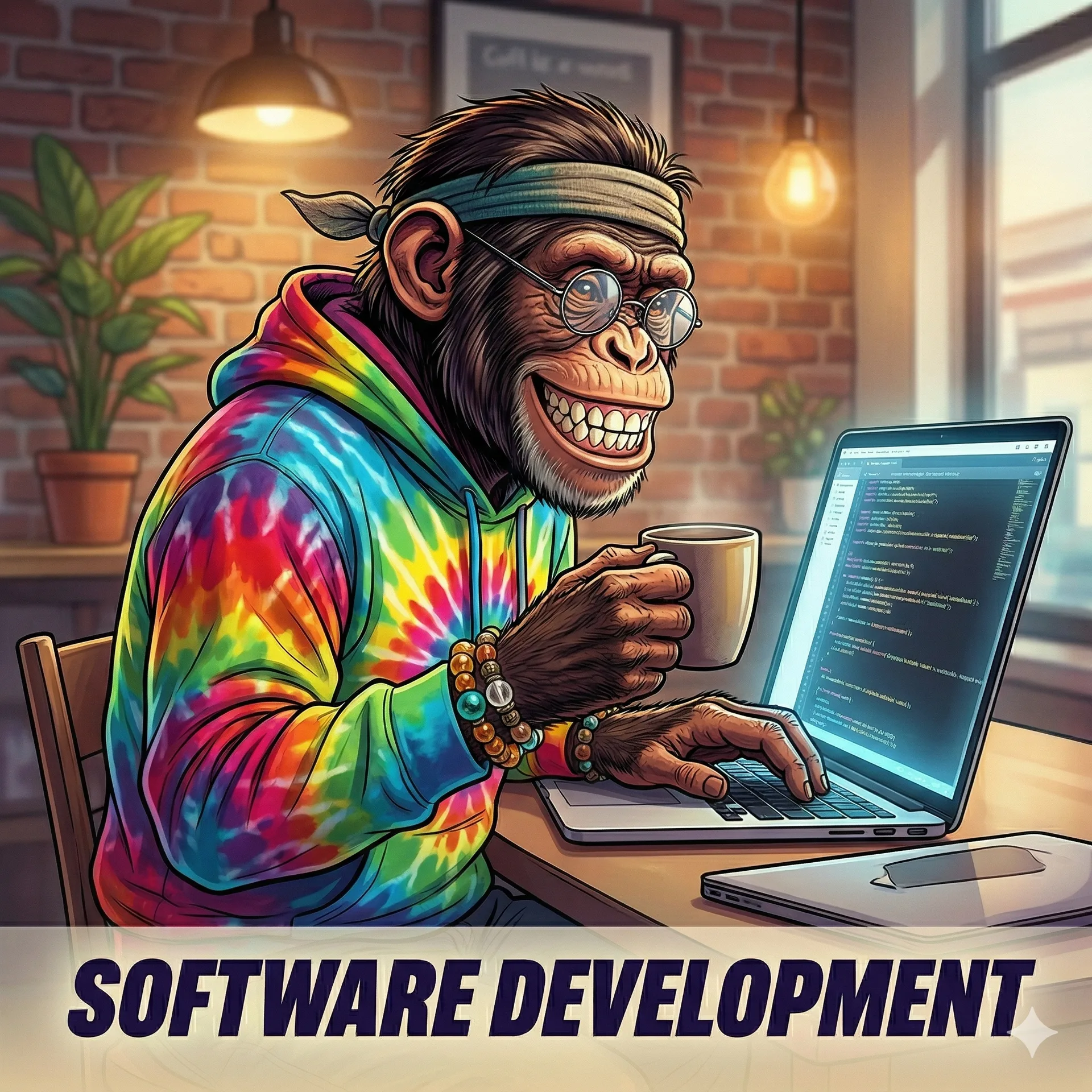 Chimpanzee coding at coffee shop with laptop and coffee mug
