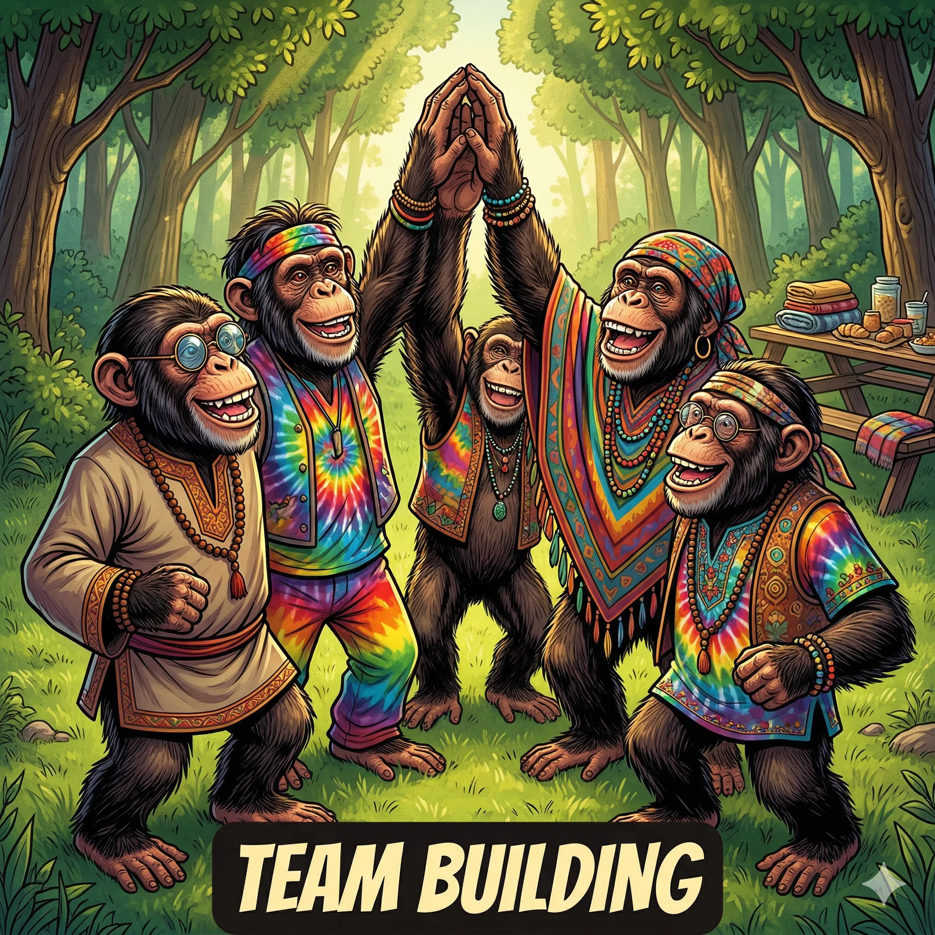 Group of chimpanzees with hands raised in park setting