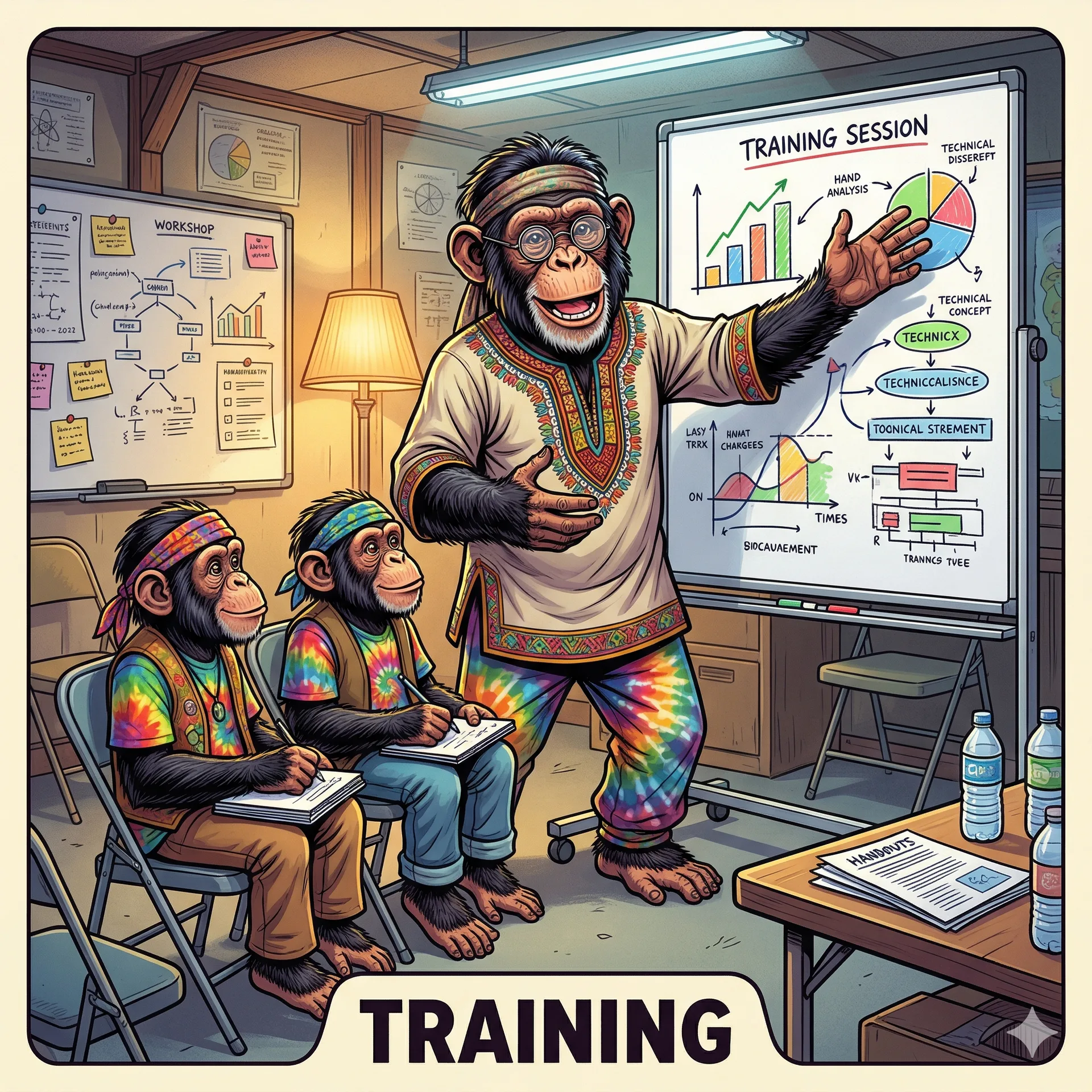 Chimpanzee teaching at whiteboard in workshop classroom