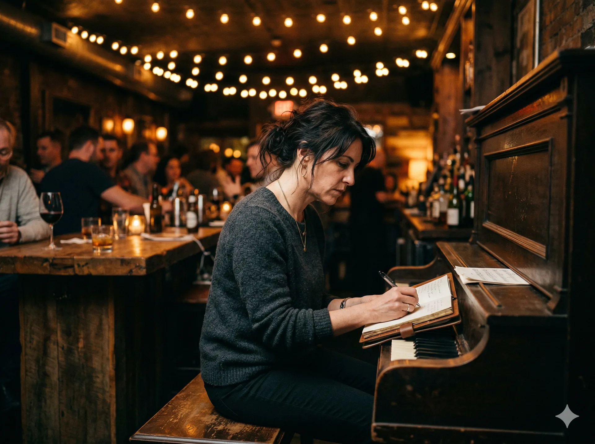 Person at piano in dimly lit bar, reflecting on a creative journey