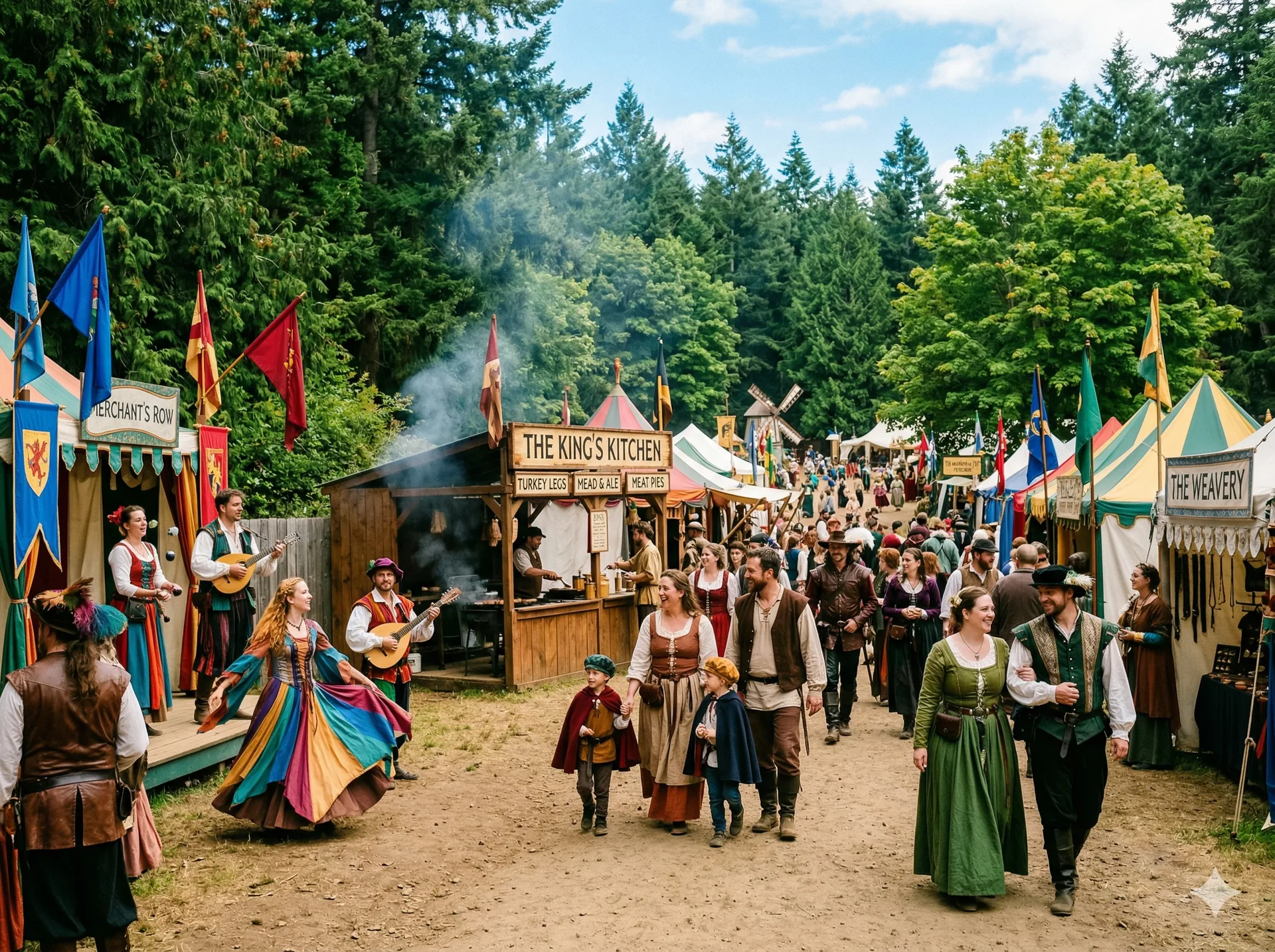 Colorful Renaissance faire with costumed performers and festival tents
