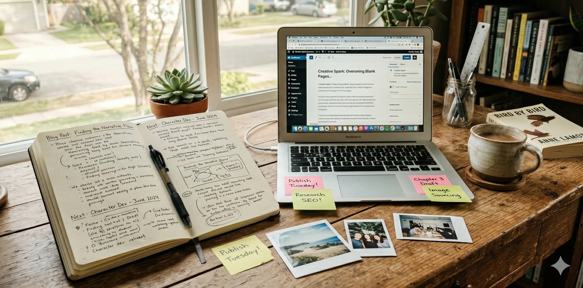 Notebook and laptop on desk, creative writing atmosphere